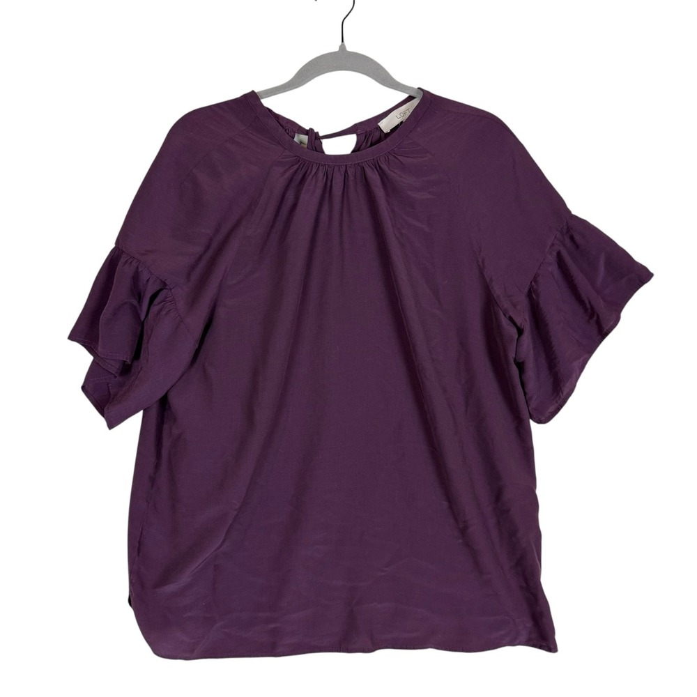 LOFT Blouse Womens Medium Purple Round Neck Short Flutter Sleeve Tie Back